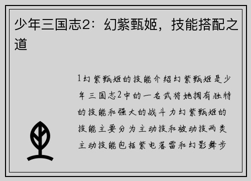 少年三国志2：幻紫甄姬，技能搭配之道